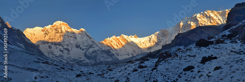 Snowy Landscape Panorama in Himalaya Mountains. Sunrise Annapurna South peak, Annapurna Base Camp .