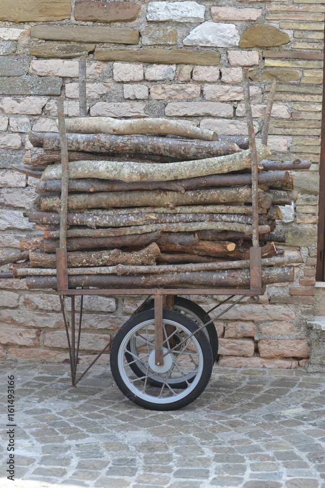 Fototapeta premium Kaminholz auf kleinem Wagen - Natursteinwand