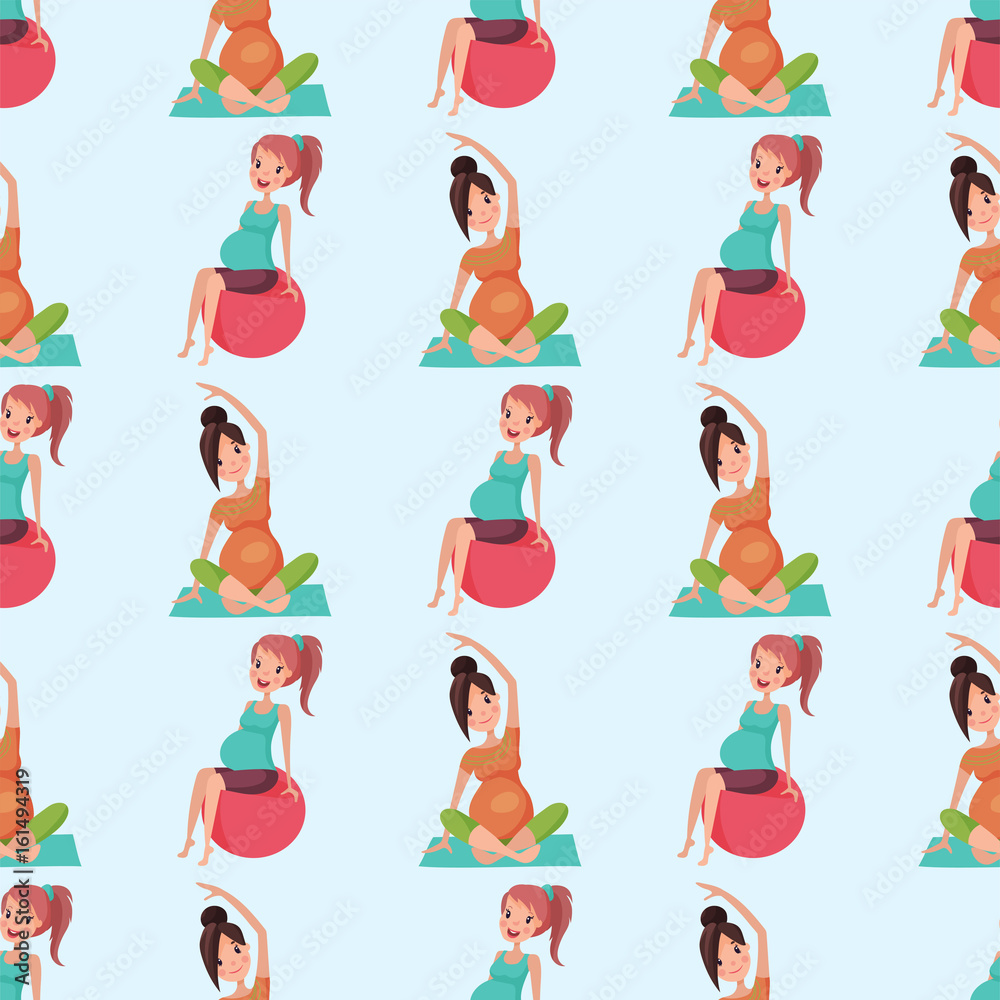 Fototapeta premium Pregnancy motherhood yoga pregnant woman seamless pattern character life with big belly vector illustration