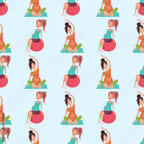 Pregnancy motherhood yoga pregnant woman seamless pattern character life with big belly vector illustration