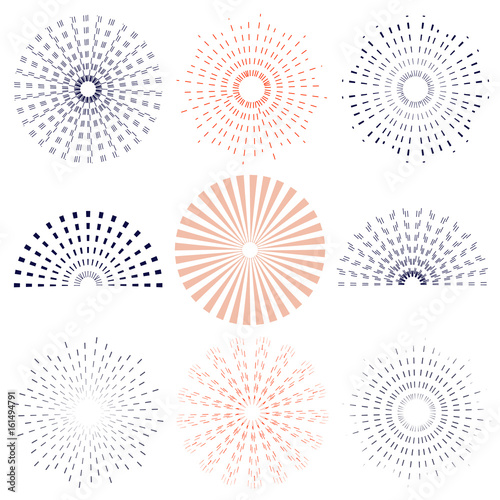 Retro sunburst, radiant and colored set.