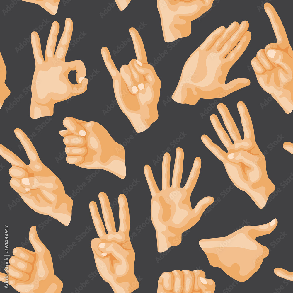Fototapeta premium Seamless pattern with various hands gestures dumb seamless pattern background people communication sign symbols vector illustration.