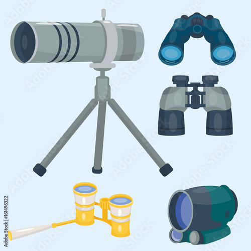 Professional camera lens binoculars glass look-see spyglass optics device camera digital focus optical equipment vector illustration