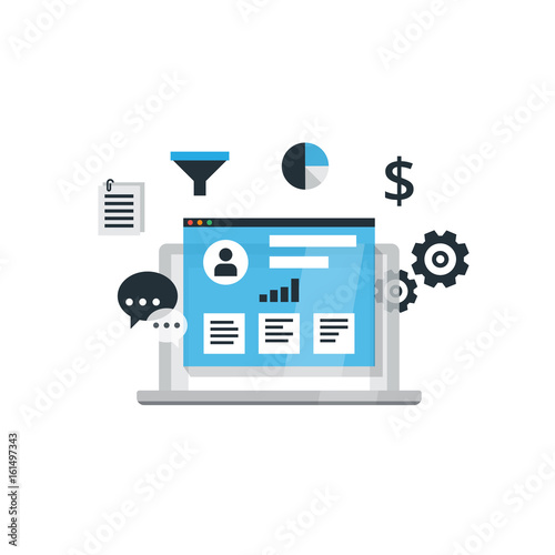 Organization of data on work with clients, CRM concept. Customer Relationship Management vector illustration.