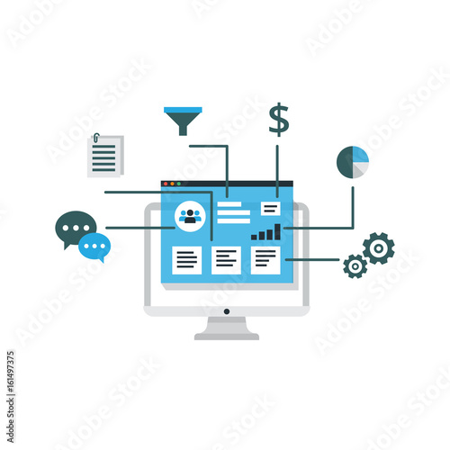 Organization of data on work with clients, CRM concept. Customer Relationship Management vector illustration.