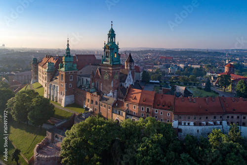 Historic royal Wawel castle and cathedral in Krakow, Poland Aerial view in sunrise light
