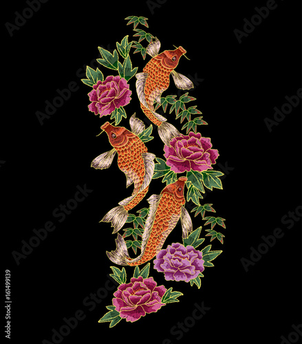 Embroidery with traditional Japanese Carp and flowers.