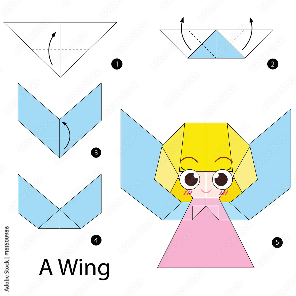 Step by step instructions how to make origami A Wing. Stock Vector