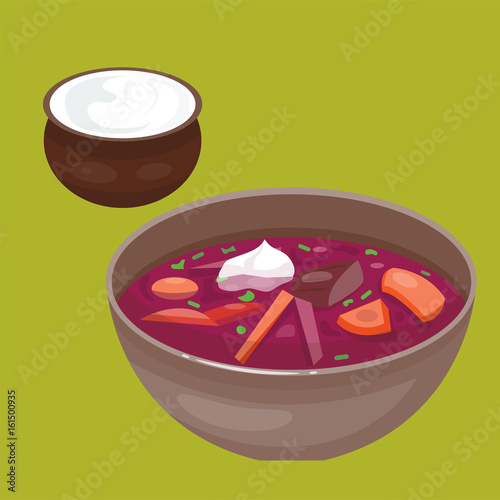 Russian national soup borscht cuisine and culture dish course food national meal vector illustration.