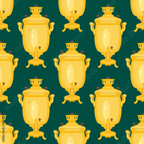 Background tea samovar russian traditional teapot seamless pattern cuisine bagel food boublik vector illustration