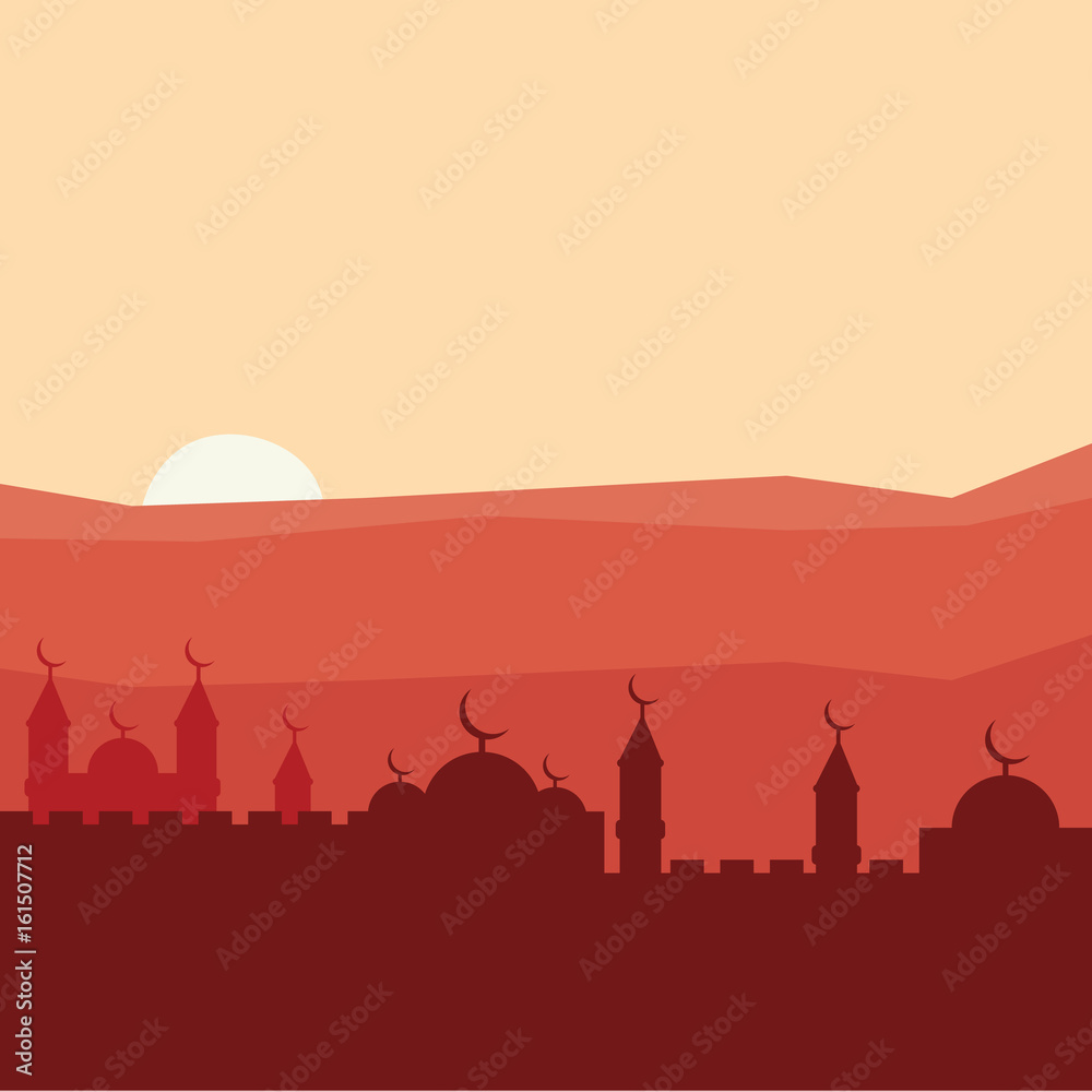 Arab people and camels silhouettes