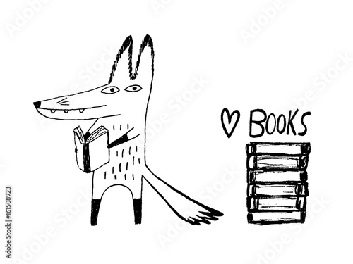 Fox reading books. Hand drawn vector illustration