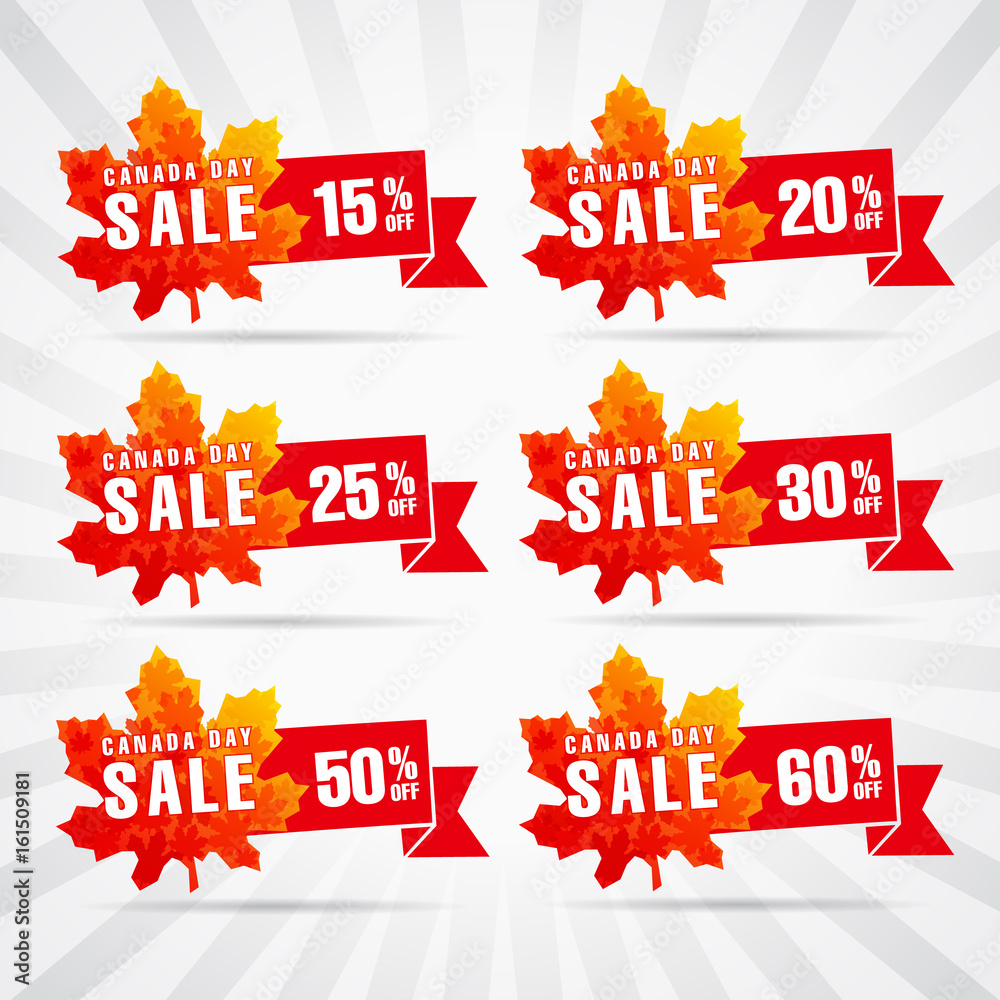 Happy Canada Day vector sale template. Traditional discounts. Maple leaves, background, light stripes, celebrating % off labels. Web banners, first of July offer icons. Stock Vector | Adobe Stock
