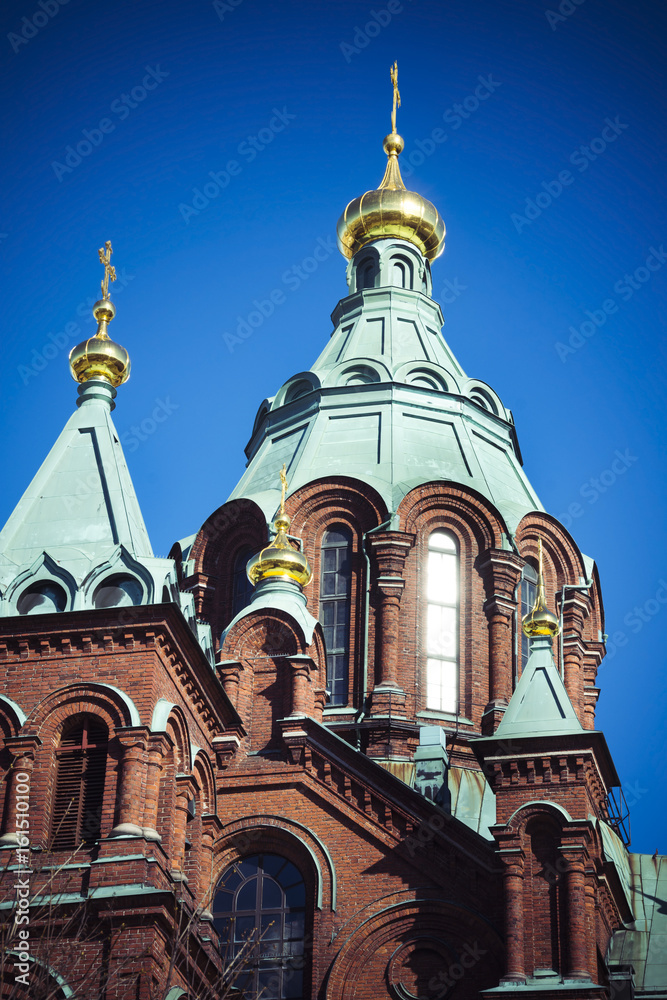 Uspenski Cathedral in strong sunshine in the Finnish capital Helsinki
