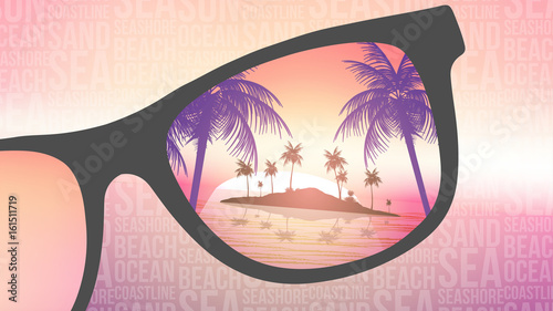 Summer Beach Tropical Island with Sunglasses on Blurred Background - Vector Illustration.