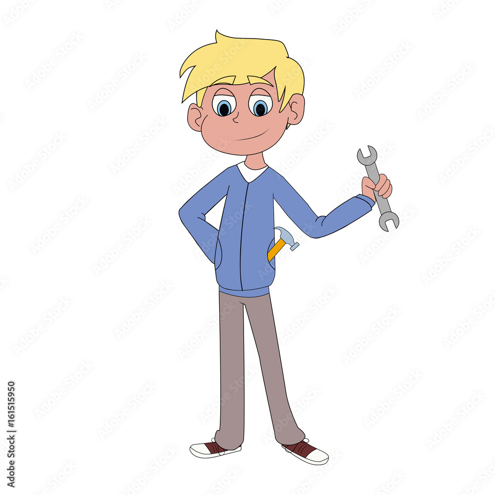 Vector a male mechanic cartoon character holding a wrench and hammer -  stock vector isolated on white background. Stock Vector | Adobe Stock