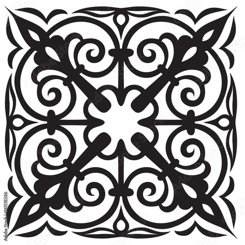 Hand-drawn sample for tile in oriental style in black and white colors. Italian majolica