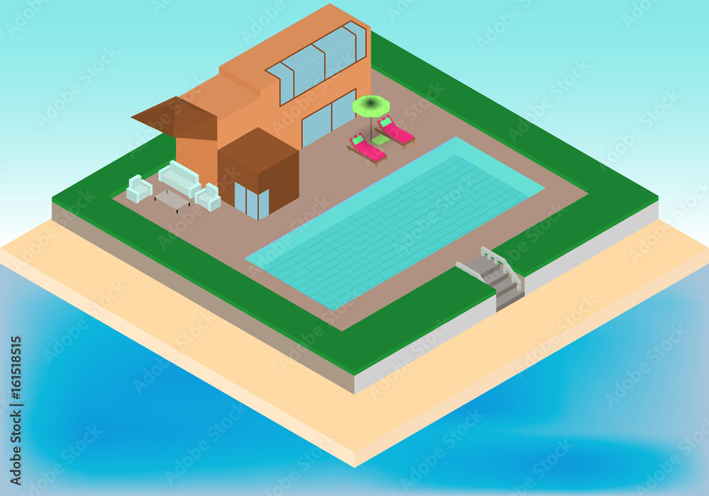Isometric cottage with pool, armchairs, umbrella on the tropical beach