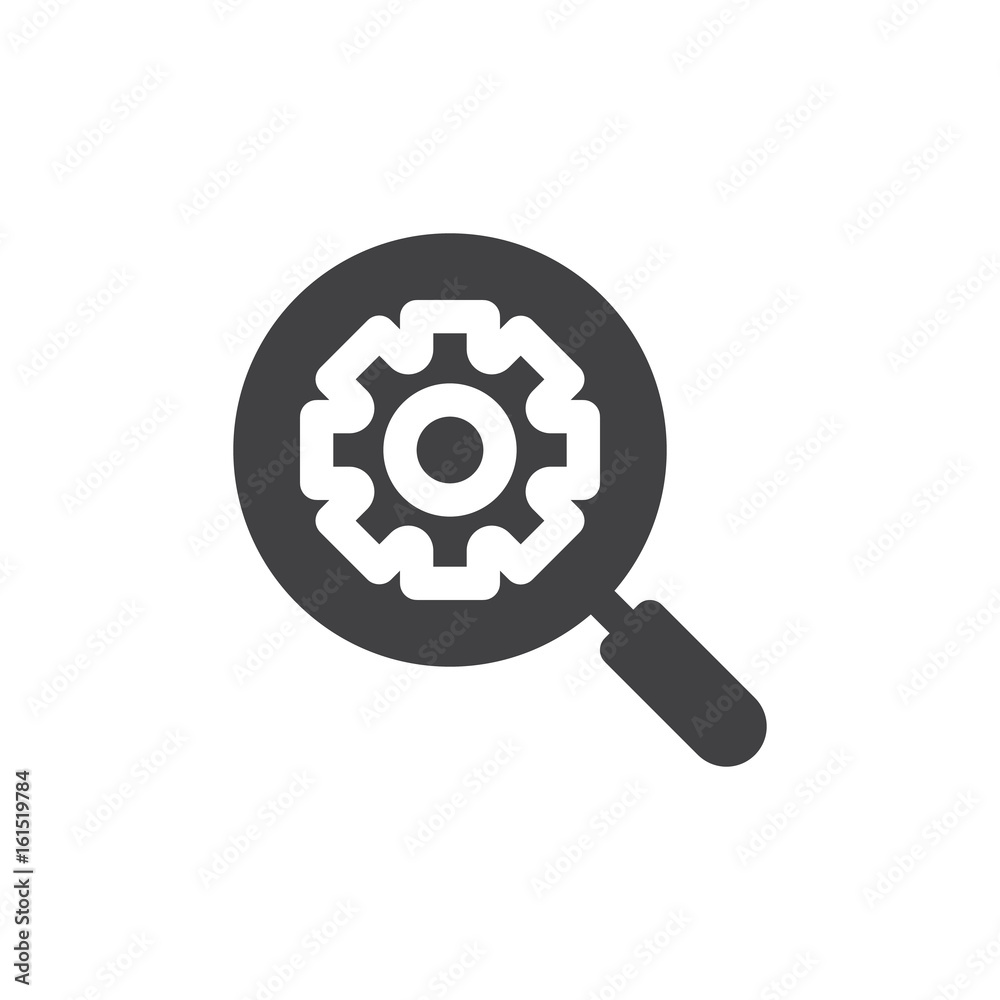 Search engine icon vector, filled flat sign, solid pictogram isolated on white. SEO, magnifying glass gear symbol, logo illustration. Pixel perfect Search engine icon vector, filled flat sign, solid pictogram isolated on white. SEO, magnifying glass gear symbol, logo illustration. Pixel perfect