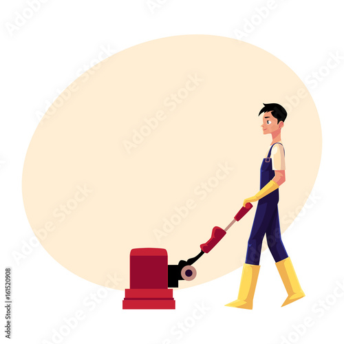 Cleaning service boy, man, cleaner in overalls using floor cleaning machine, side view cartoon vector illustration with space for text. Cleaning service boy with floor washing machine