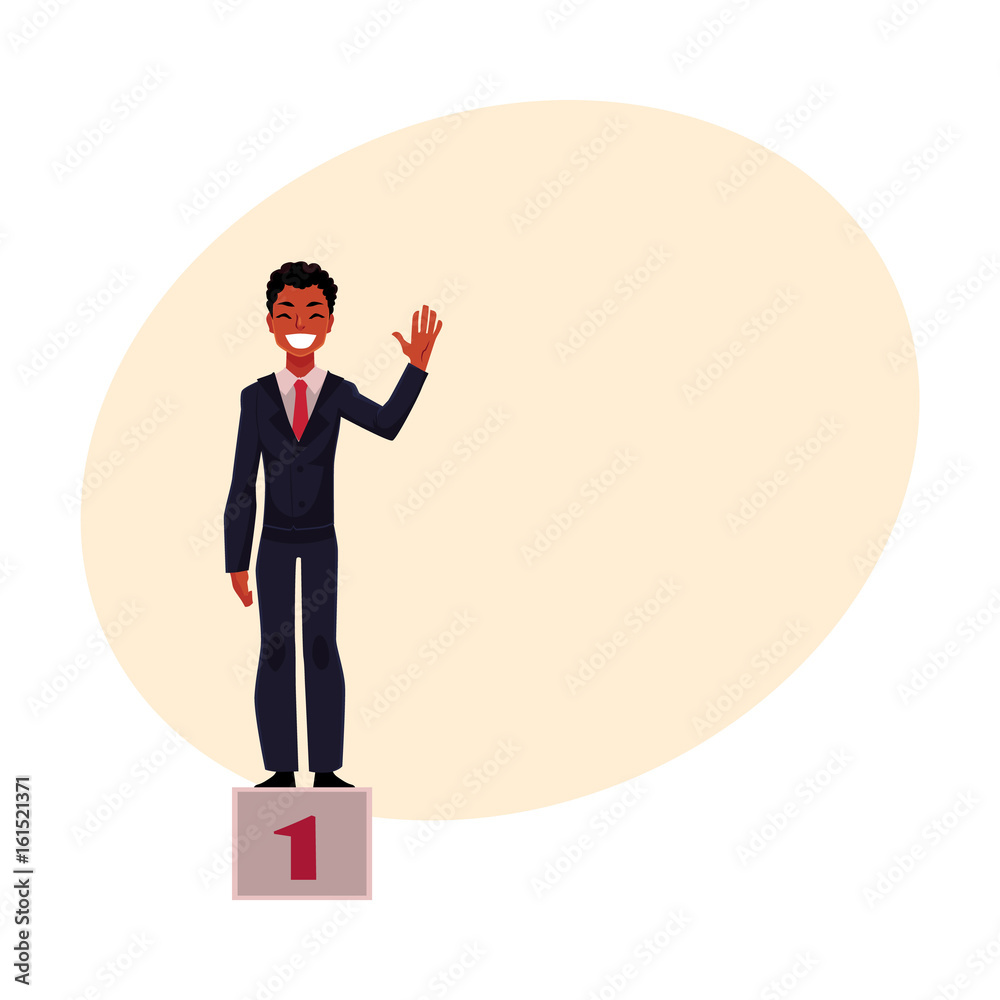 Black, African American businessman standing on pedestal, number one, business success concept, cartoon vector illustration with space for text. Black businessman on pedestal, top position Black, African American businessman standing on pedestal, number one, business success concept, cartoon vector illustration with space for text. Black businessman on pedestal, top position