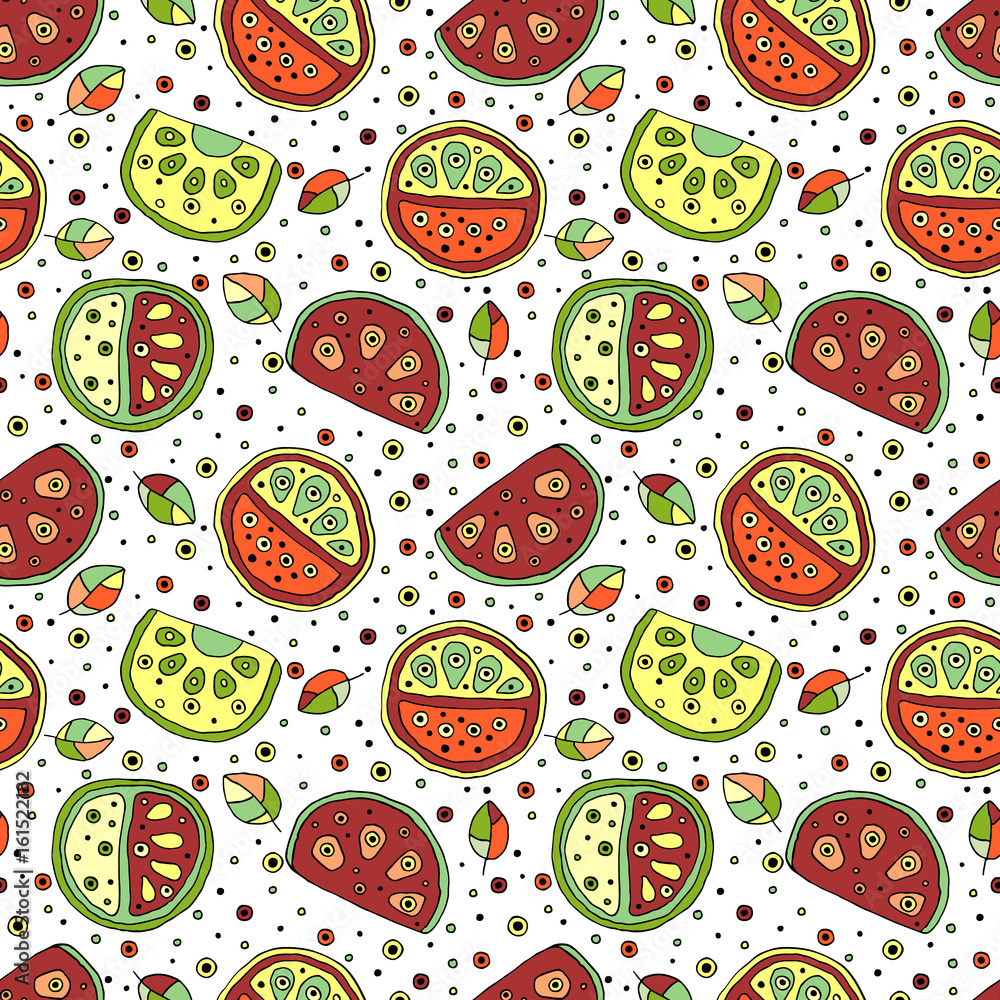 Seamless vector hand drawn childish pattern with fruits. Cute childlike watermelon with leaves, seeds, drops. Doodle, sketch, cartoon style background. Line drawing Endless repeat swatch Seamless vector hand drawn childish pattern with fruits. Cute childlike watermelon with leaves, seeds, drops. Doodle, sketch, cartoon style background. Line drawing Endless repeat swatch