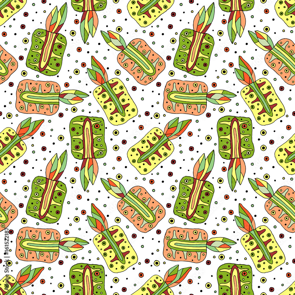 Seamless vector hand drawn childish pattern with fruits. Cute childlike pineapple with leaves, seeds, drops. Doodle, sketch, cartoon style background. Line drawing Endless repeat swatch Seamless vector hand drawn childish pattern with fruits. Cute childlike pineapple with leaves, seeds, drops. Doodle, sketch, cartoon style background. Line drawing Endless repeat swatch
