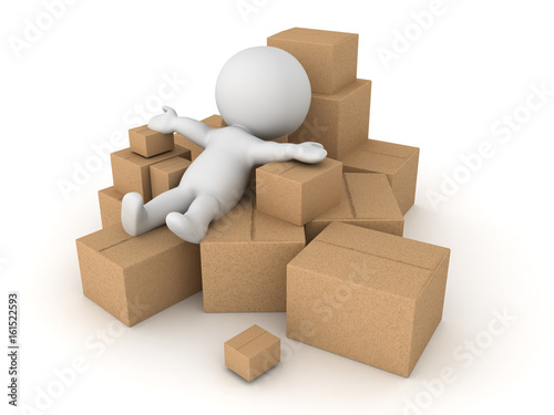 3D Character thrown into a pile of different boxes. Isolated on white..