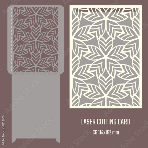 DIY laser cutting vector envelope. Wedding die cut invitation template. Cutout silhouette card. Scrapbook carved paperwork. Floral layout.