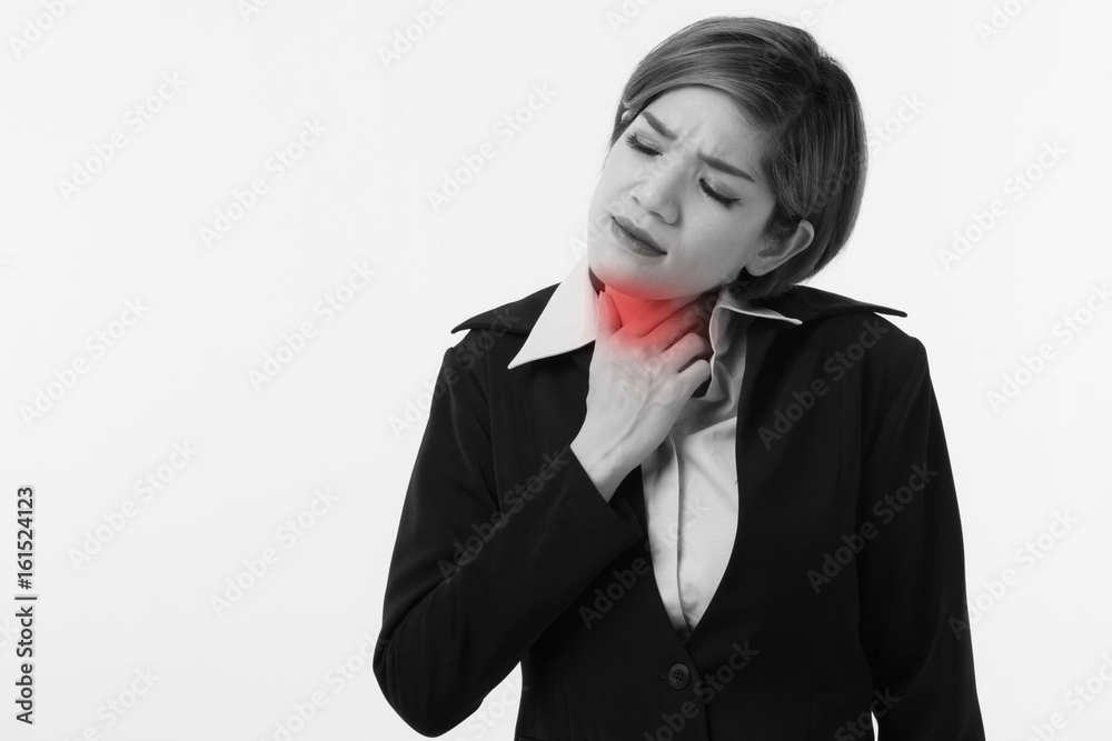 business woman suffering from sore throat, flu, sickness, office syndrome, overwork business woman suffering from sore throat, flu, sickness, office syndrome, overwork