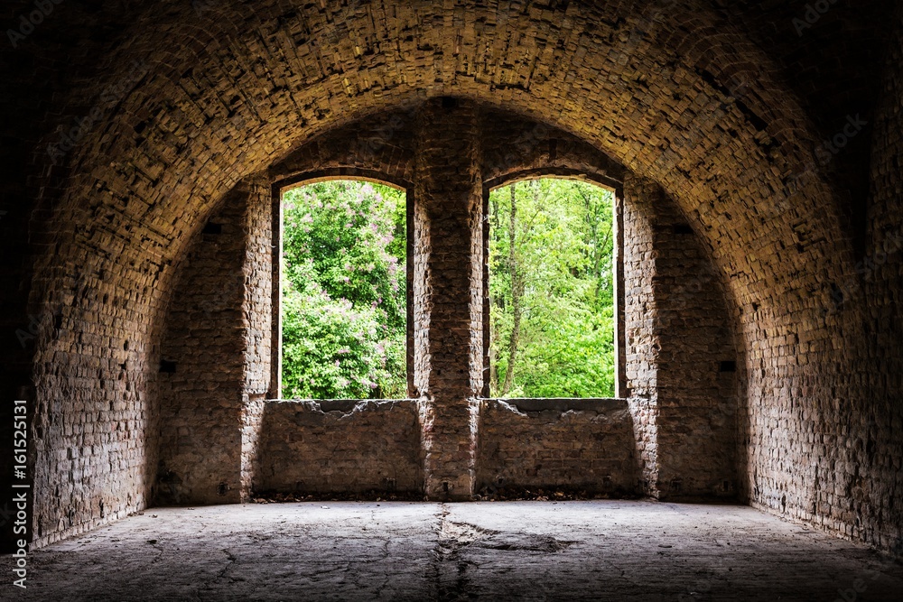 brick vault, old ancient castle room with windows, grunge