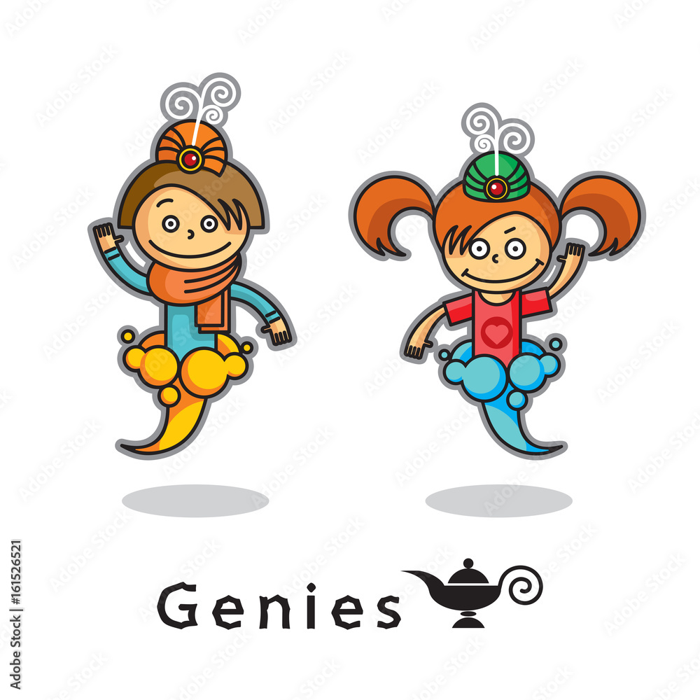 Two genie - male and female in the smoke. Vector icon, isolated illustration. Cartoon characters.