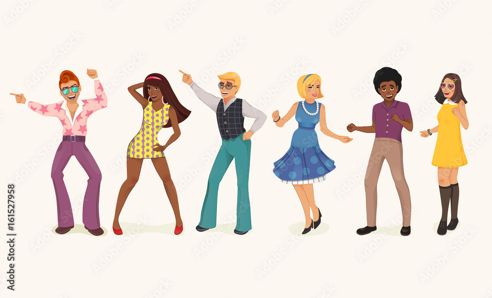 Dancing people in a retro disco. Man and woman in 60s, 70s style. Cartoon vector illustration.