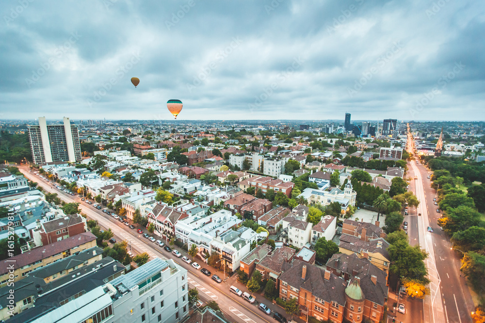 Melbourne, Victoria, Australia, Hot air balloon over city