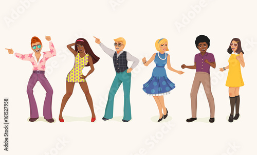 Dancing people in a retro disco. Man and woman in 60s, 70s style. Cartoon vector illustration.