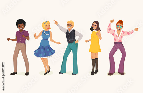 Dancing people in a retro disco. Man and woman in 60s, 70s style. Cartoon vector illustration.
