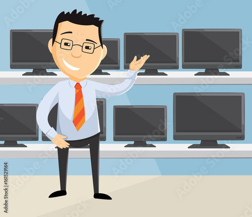 Salesman in the store with televisions. Cartoon vector illustration.