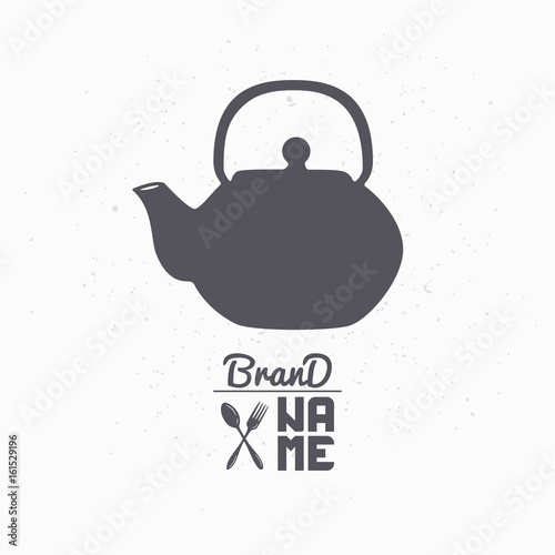 Teapot hand drawn silhouette. Tea shop logo template for craft food packaging or brand identity