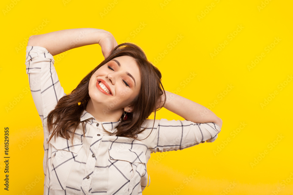 Content woman stretching Content woman stretching