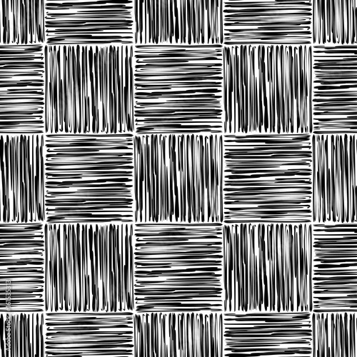 Seamless vector background of hand drawn squares. Lines textures of pen. Textile rapport. 