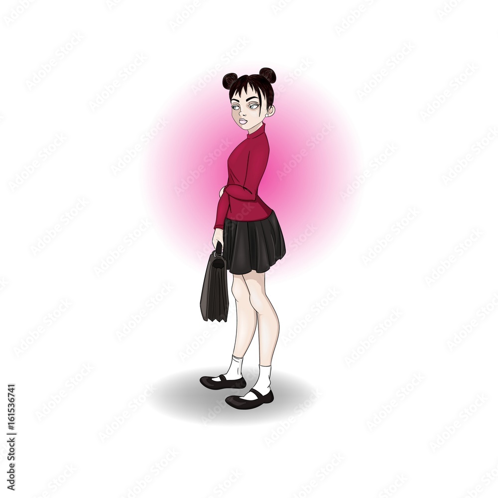 Cute anime school girl with odango hairstyle, short skirt and briefcase  stand alone, isolated on white background - vector illustration Stock  Vector | Adobe Stock