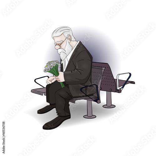 Old man sitting in bench and waiting a date with bouquet of flowers . Hand drawn cartoon vector illustration.