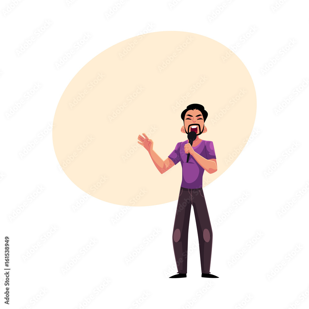 Young Latin man singing karaoke, holding microphone, cartoon, comic style vector illustration with space for text. Full length portrait of karaoke singer, competition, party, celebration