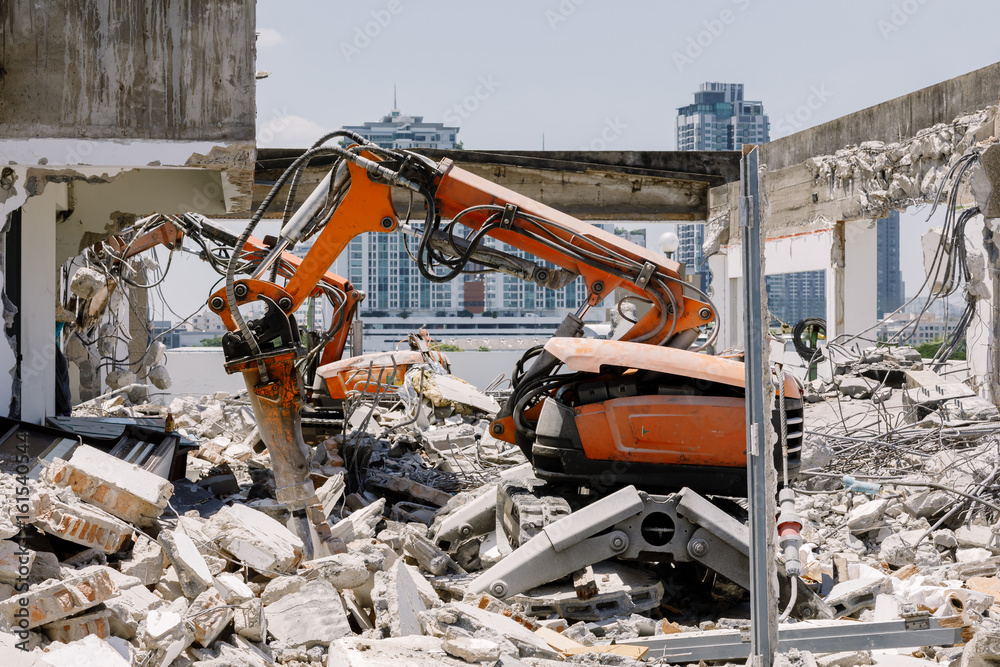 Robot Equipment is destroying the floor and wall To destroy the old building Robot Equipment is destroying the floor and wall To destroy the old building