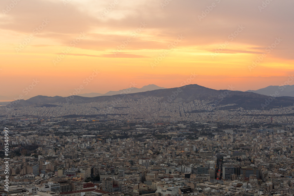 View of Athens from Lycabettus hill at sunset, Greece. 
