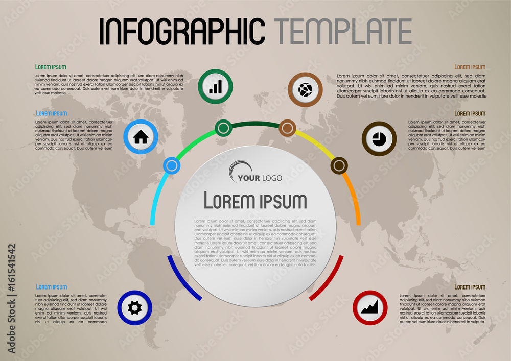 Fototapeta premium Modern infographics options template vector with colorful circle and world map