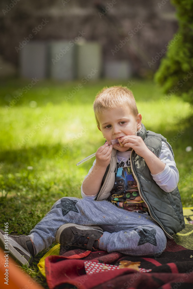 Fototapeta premium Young cute boy eating a piece of meat in a park on a picnic