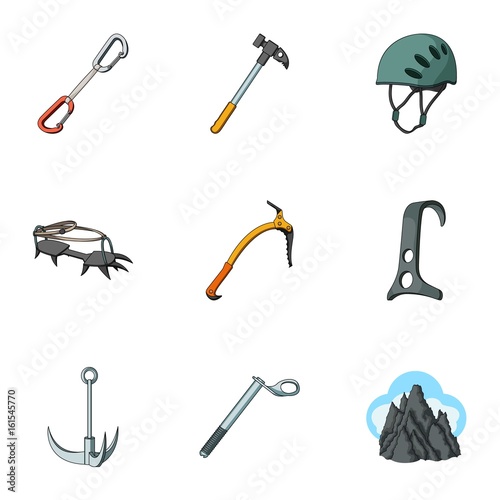 Ice ax, conquered top, mountains in the clouds and other equipment for mountaineering.Mountaineering set collection icons in cartoon style vector symbol stock illustration web.