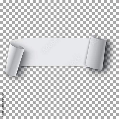 White realistic curved paper banner on transparent background. Vector illustration.