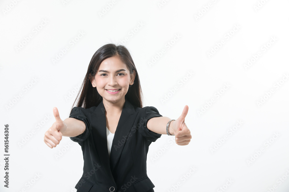 Asian business women are smiling and Thump up hand sign for working happy on white background Asian business women are smiling and Thump up hand sign for working happy on white background
